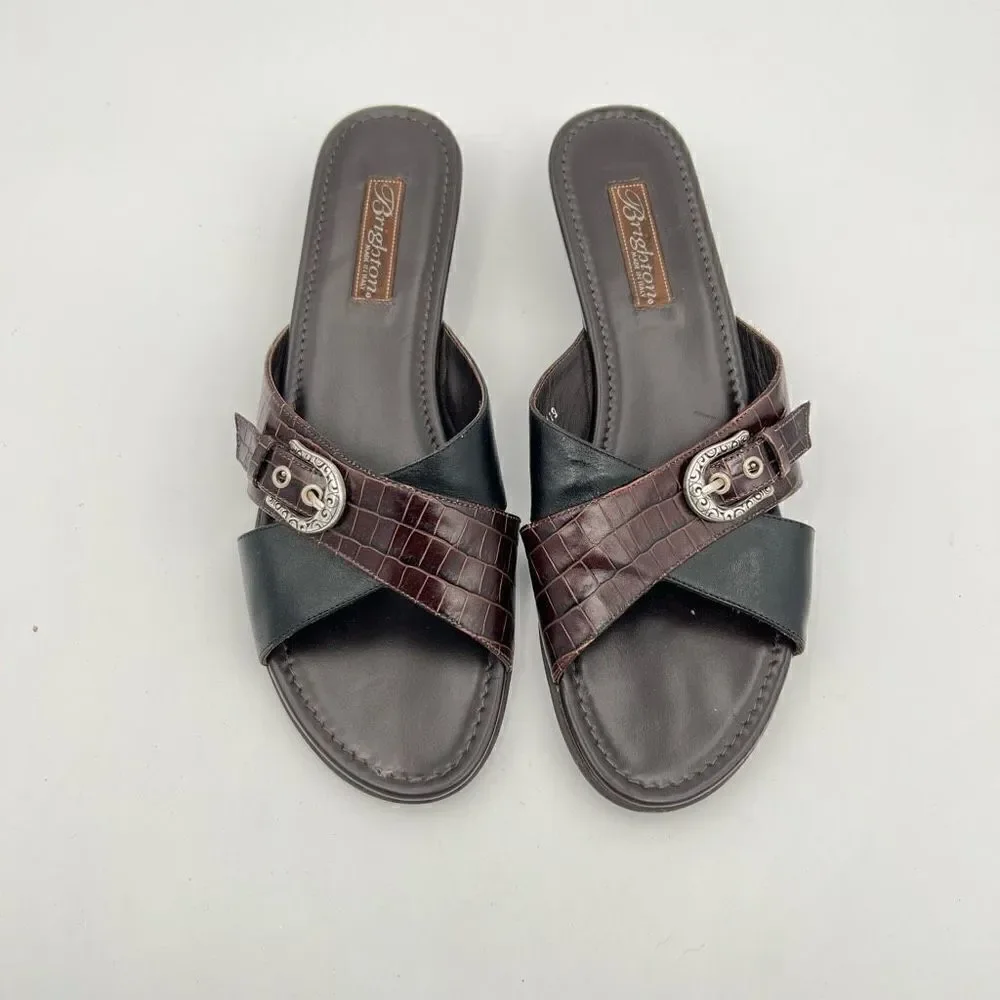Brighton Lorna Brown Black Leather Sandals Wedge Slides Mules Size 9.5 Western